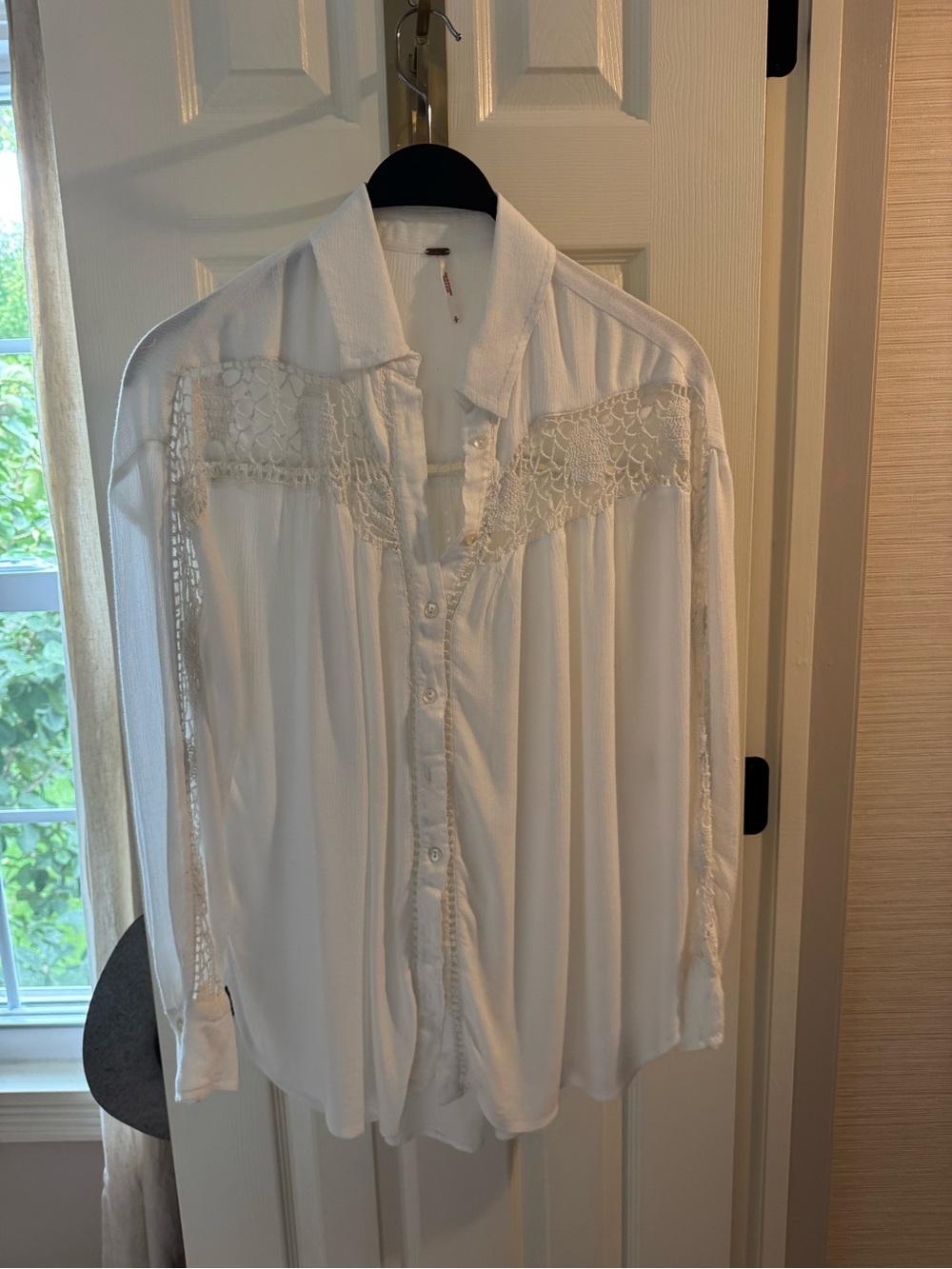 Free People White Crochet-Yoke Button Blouse